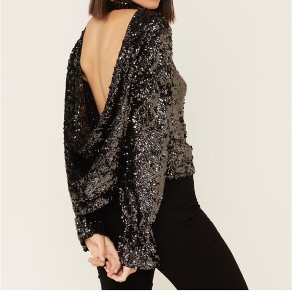 Free People Moonstruck Open Back Black Sequins Top Long Sleeve Size S - Picture 5 of 16
